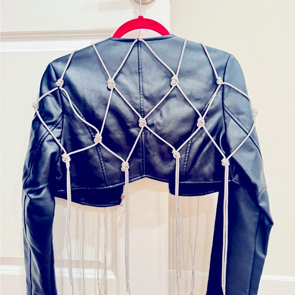 Black Faux Leather Jacket With Glitter Rope Detailing - Picture 3 of 4